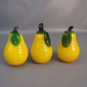 Lot of 3 Art Glass Hand Blown‎ Pears Yellow & Green 4.75" Pear Fruit
